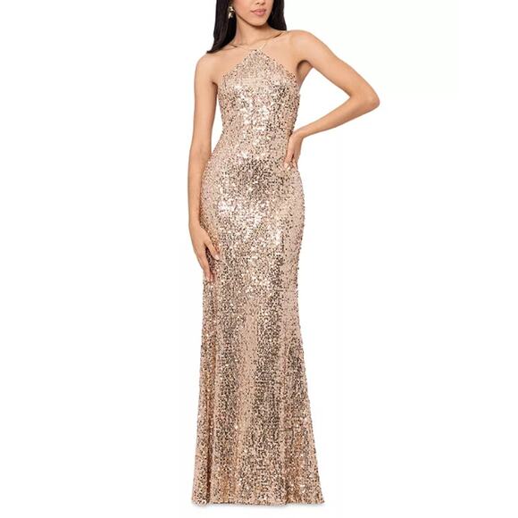 AQUA FORMAL Women's Sequin Cutout Back Gown Size 2 Rose Gold Halter NWT - Picture 1 of 16
